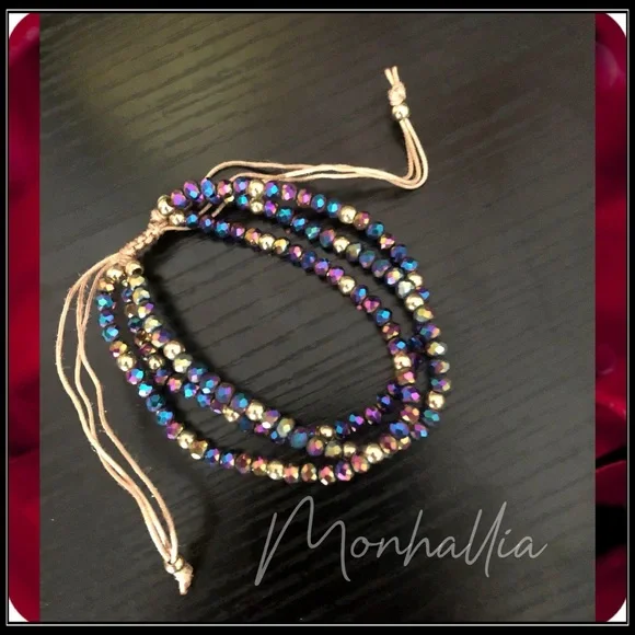 NEW PRISM RAINBOW GOLD BOREALIS METALLIC TIE ROPE BOHO BEAD BRACELET